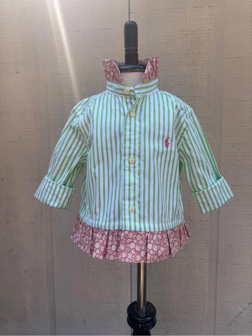 Restyled Ralph Lauren Green Stripe Ruffled Button-Down Kids Shirt w/Pink Logo